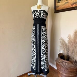 Vintage Strapless Black & White Patterned Silk Maxi Dress